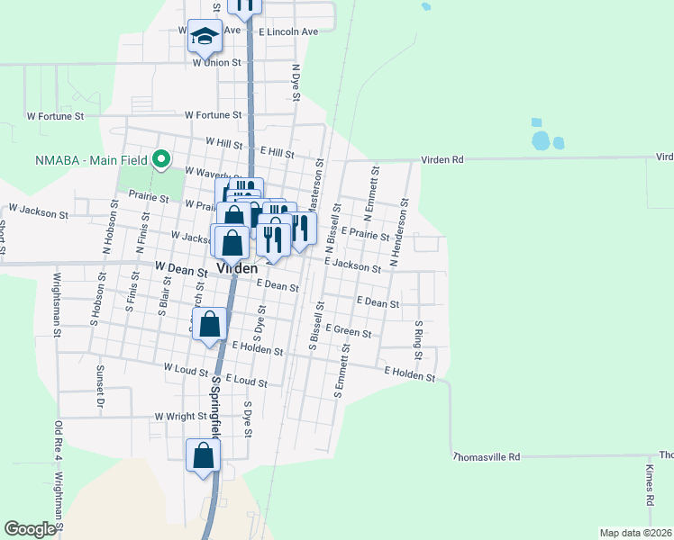 map of restaurants, bars, coffee shops, grocery stores, and more near 402 East Jackson Street in Virden