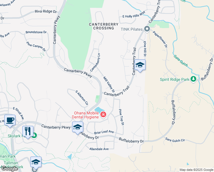 map of restaurants, bars, coffee shops, grocery stores, and more near 23285 Chapel Hill Lane in Parker