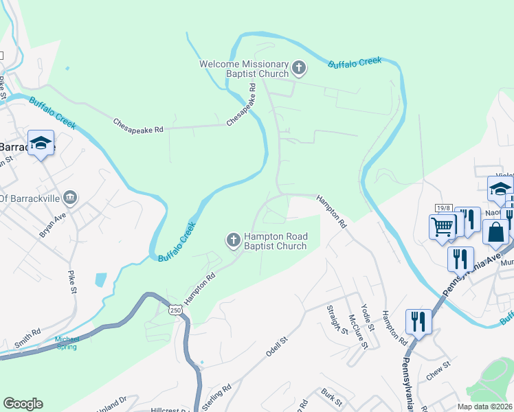 map of restaurants, bars, coffee shops, grocery stores, and more near 346 Hampton Road in Fairmont