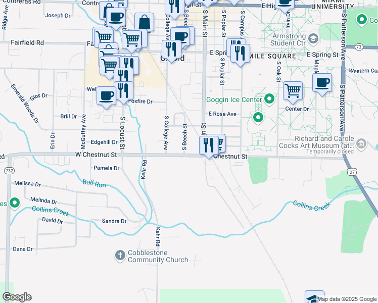 map of restaurants, bars, coffee shops, grocery stores, and more near 12 West Chestnut Street in Oxford