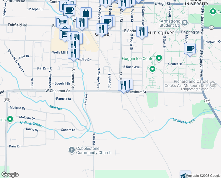 map of restaurants, bars, coffee shops, grocery stores, and more near 12 West Chestnut Street in Oxford