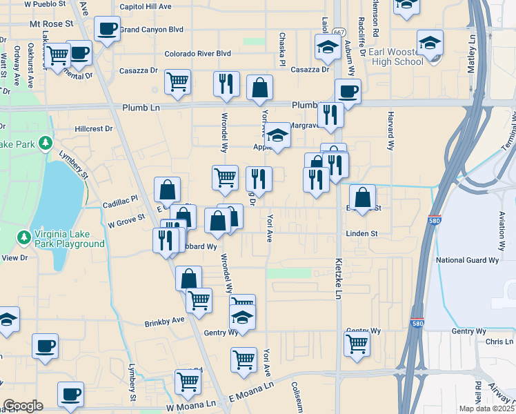 map of restaurants, bars, coffee shops, grocery stores, and more near 2469 Flagg Drive in Reno
