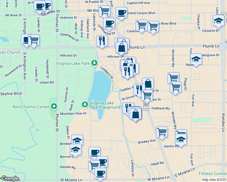 map of restaurants, bars, coffee shops, grocery stores, and more near 2454 Eastshore Drive in Reno