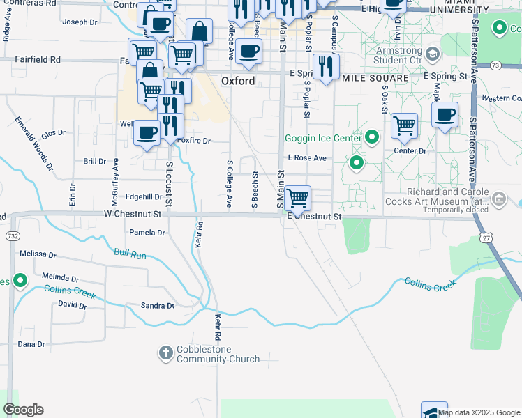 map of restaurants, bars, coffee shops, grocery stores, and more near 12 West Chestnut Street in Oxford