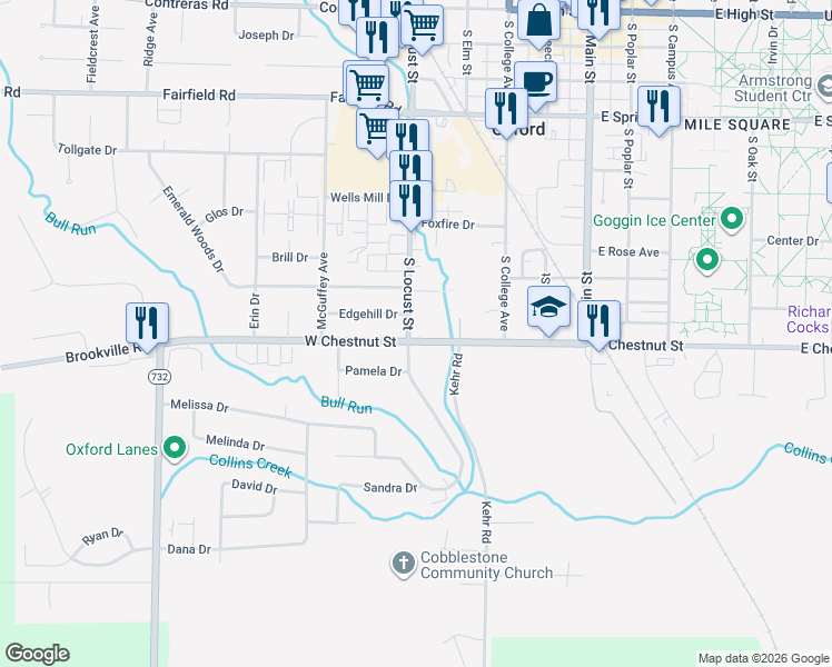 map of restaurants, bars, coffee shops, grocery stores, and more near 314 West Chestnut Street in Oxford