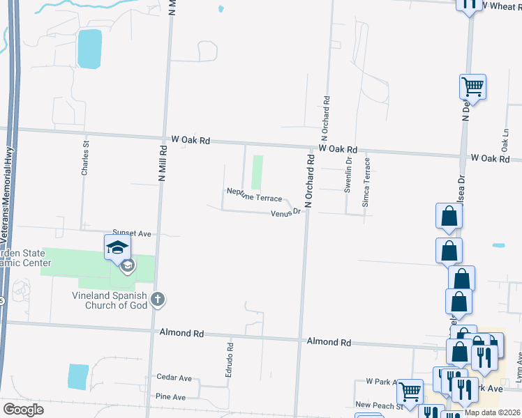 map of restaurants, bars, coffee shops, grocery stores, and more near 1542 Venus Drive in Vineland