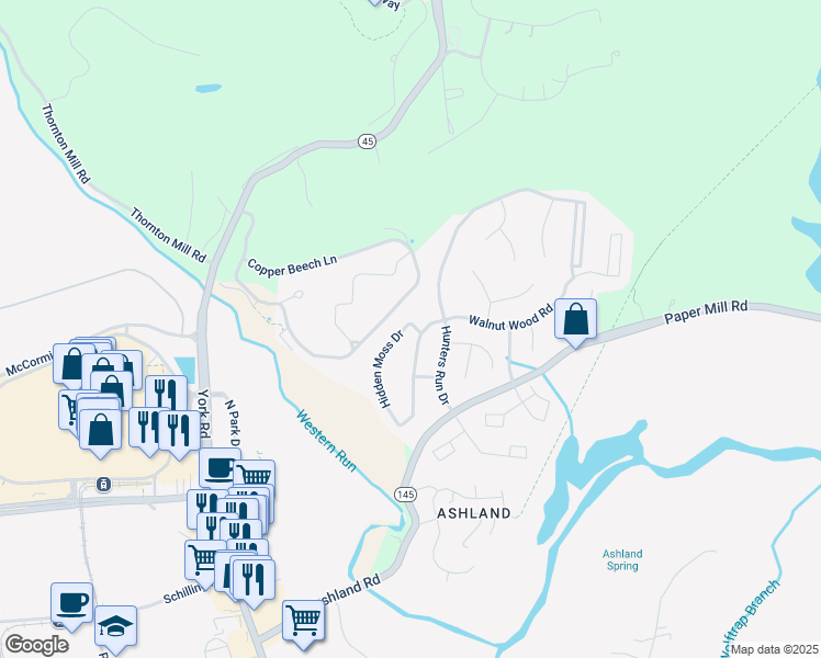 map of restaurants, bars, coffee shops, grocery stores, and more near 1043 Hidden Moss Drive in Cockeysville