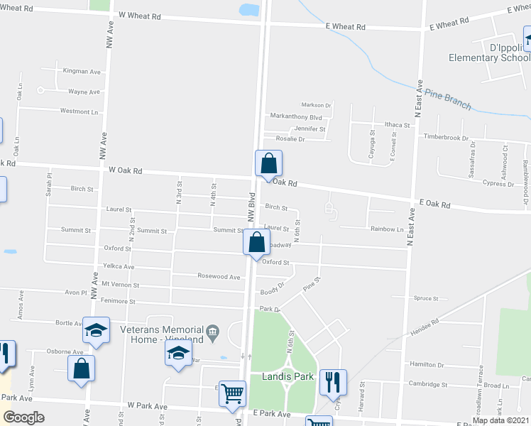 map of restaurants, bars, coffee shops, grocery stores, and more near 503 Birch Street in Vineland
