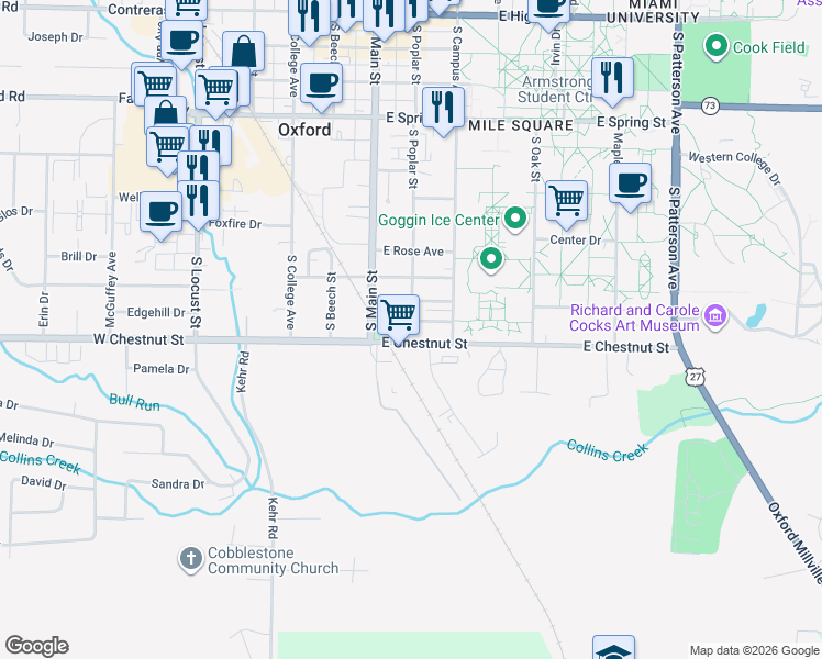 map of restaurants, bars, coffee shops, grocery stores, and more near 103 Ardmore Drive in Oxford