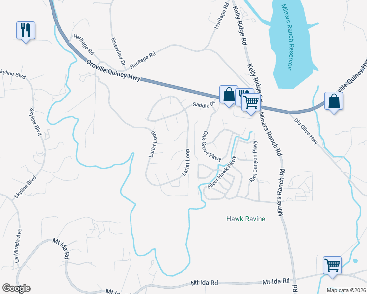 map of restaurants, bars, coffee shops, grocery stores, and more near 5244 Gold Spring Court in Oroville