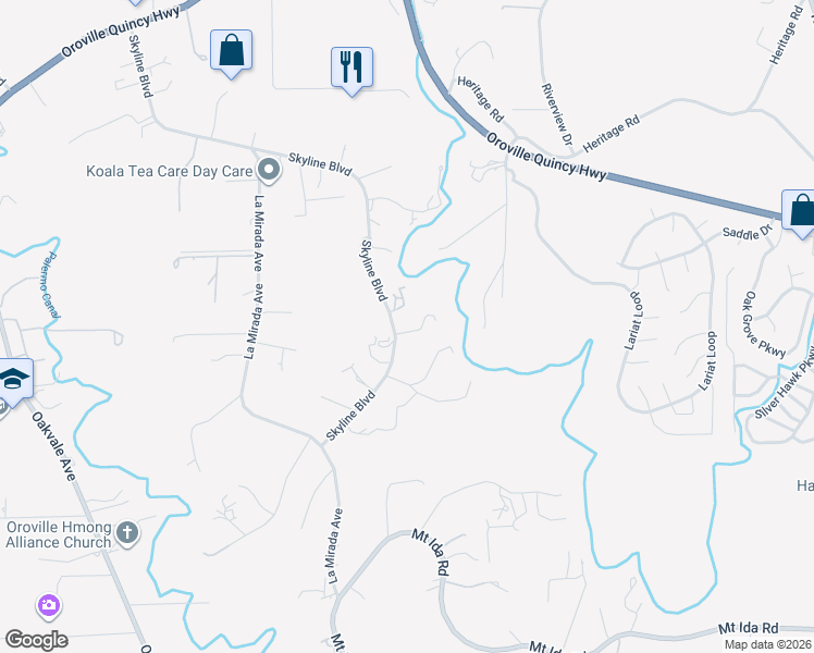 map of restaurants, bars, coffee shops, grocery stores, and more near 353 Skyline Boulevard in Oroville