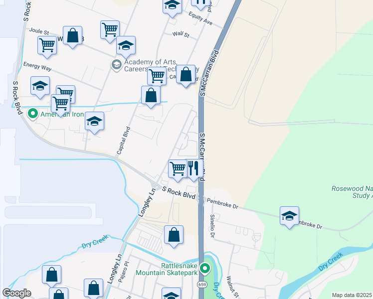 map of restaurants, bars, coffee shops, grocery stores, and more near 2050 Longley Lane in Reno