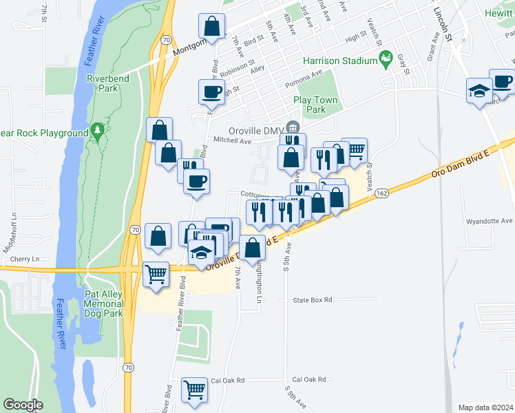 map of restaurants, bars, coffee shops, grocery stores, and more near 2300 5th Avenue in Oroville