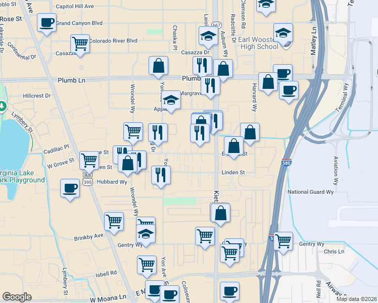 map of restaurants, bars, coffee shops, grocery stores, and more near 453 East Grove Street in Reno