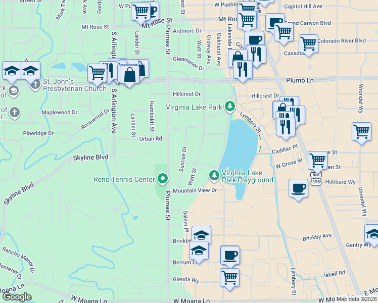 map of restaurants, bars, coffee shops, grocery stores, and more near 2260 Sunrise Drive in Reno