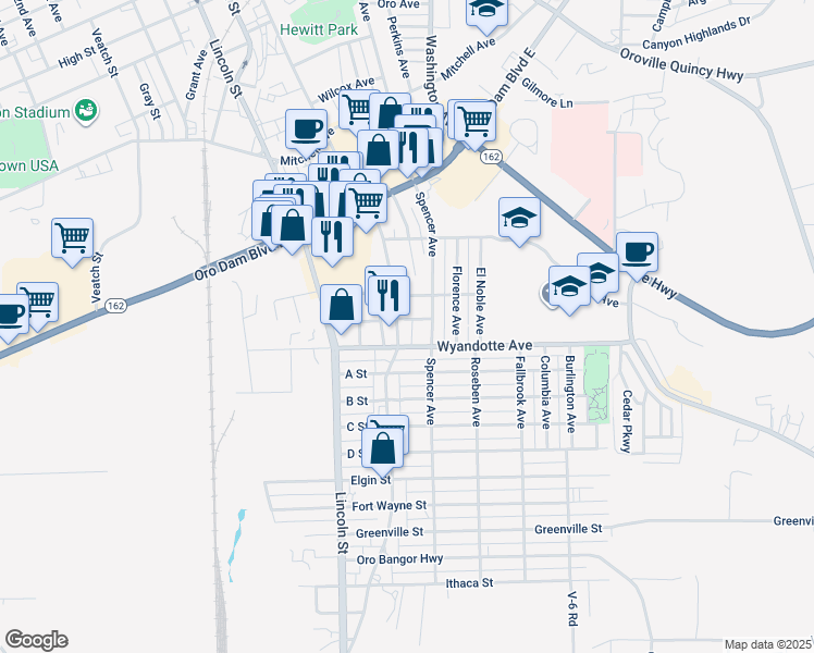 map of restaurants, bars, coffee shops, grocery stores, and more near 3017 Myers Street in Oroville