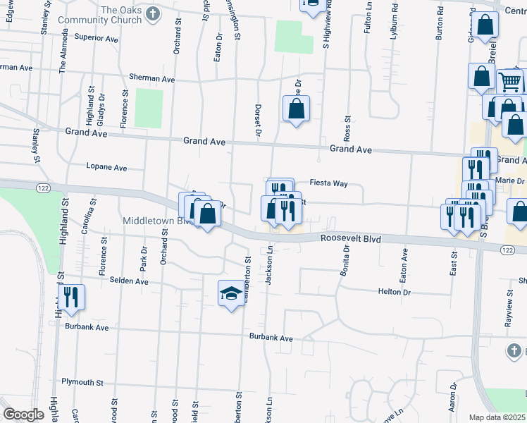 map of restaurants, bars, coffee shops, grocery stores, and more near 1012 Jackson Lane in Middletown