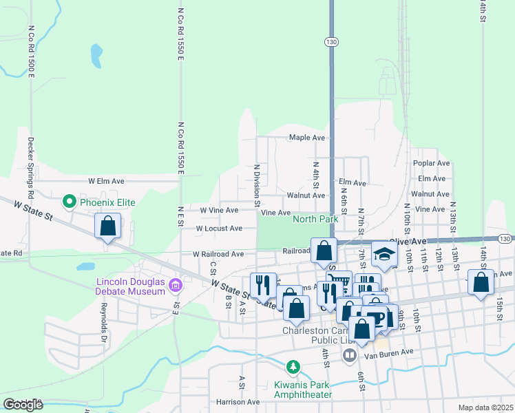 map of restaurants, bars, coffee shops, grocery stores, and more near 1-199 West Vine Avenue in Charleston