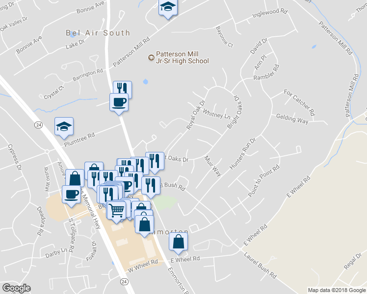 map of restaurants, bars, coffee shops, grocery stores, and more near 2052 Cabot Court in Bel Air