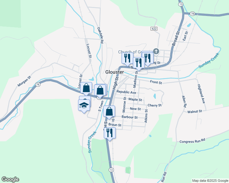 map of restaurants, bars, coffee shops, grocery stores, and more near 2 Republic Ave in Glouster