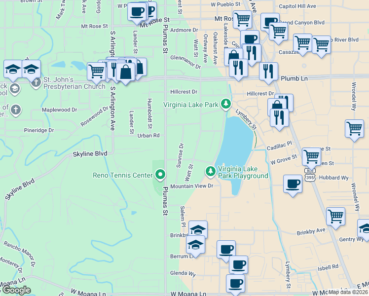 map of restaurants, bars, coffee shops, grocery stores, and more near 2260 Sunrise Drive in Reno