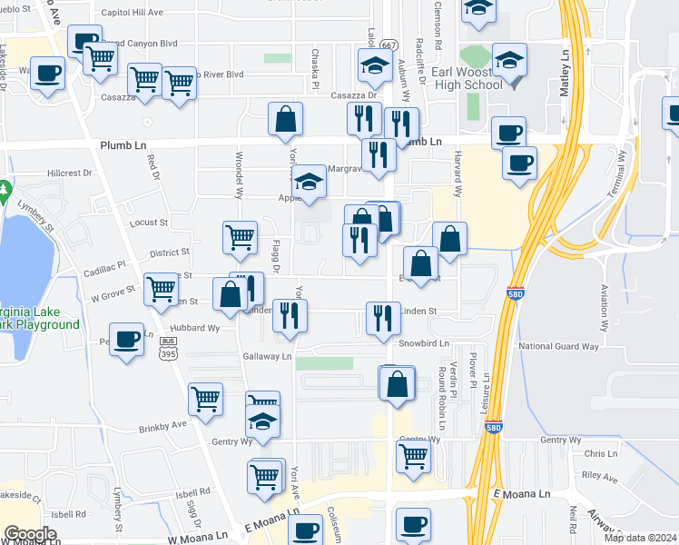 map of restaurants, bars, coffee shops, grocery stores, and more near 453 East Grove Street in Reno