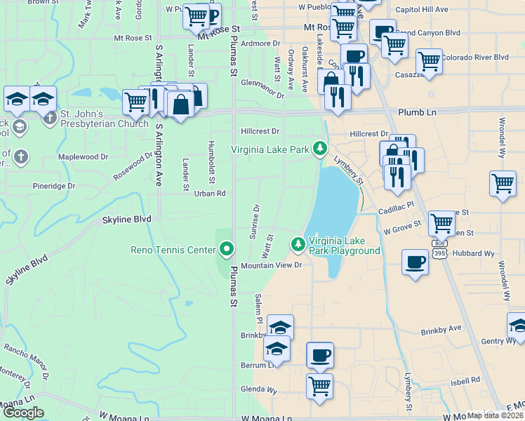 map of restaurants, bars, coffee shops, grocery stores, and more near 2260 Sunrise Drive in Reno