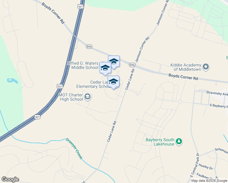 map of restaurants, bars, coffee shops, grocery stores, and more near 1259 Cedar Lane Road in Middletown