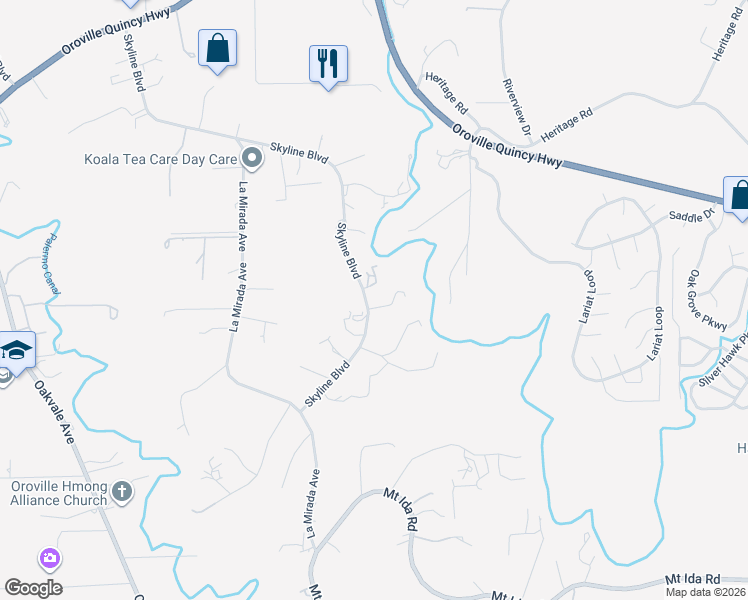 map of restaurants, bars, coffee shops, grocery stores, and more near 353 Skyline Boulevard in Oroville