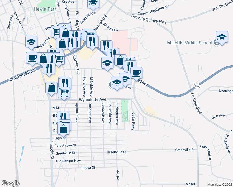 map of restaurants, bars, coffee shops, grocery stores, and more near 2800 Wyandotte Avenue in Oroville