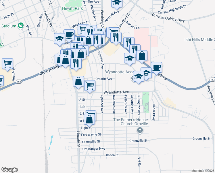 map of restaurants, bars, coffee shops, grocery stores, and more near 3030 Florence Avenue in Oroville