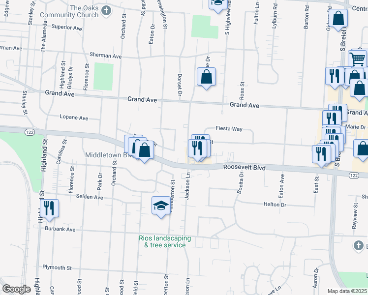 map of restaurants, bars, coffee shops, grocery stores, and more near 1012 Jackson Lane in Middletown