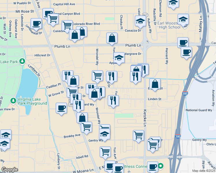 map of restaurants, bars, coffee shops, grocery stores, and more near 2469 Flagg Drive in Reno