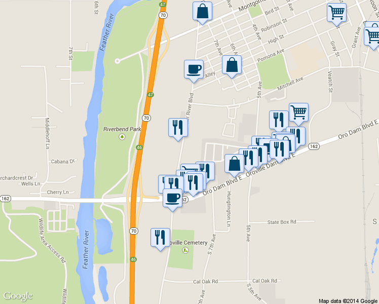 map of restaurants, bars, coffee shops, grocery stores, and more near 2161 Feather River Boulevard in Oroville