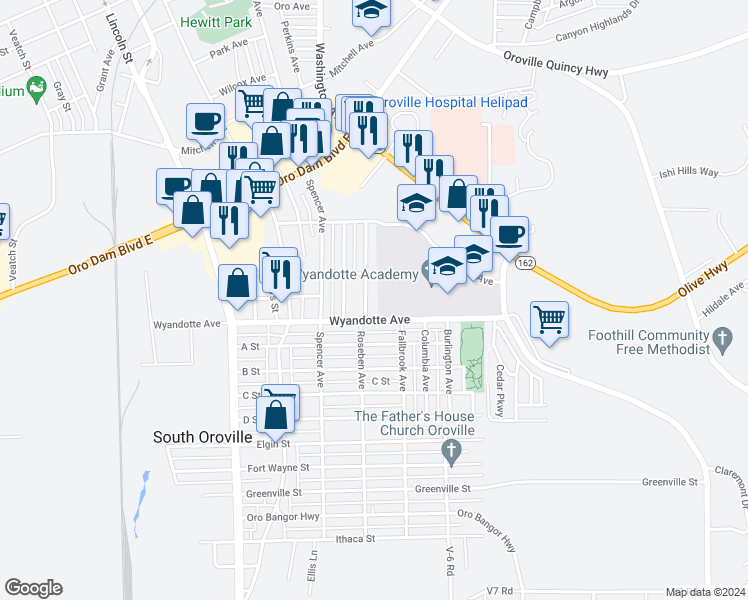 map of restaurants, bars, coffee shops, grocery stores, and more near 3015 El Noble Avenue in Oroville