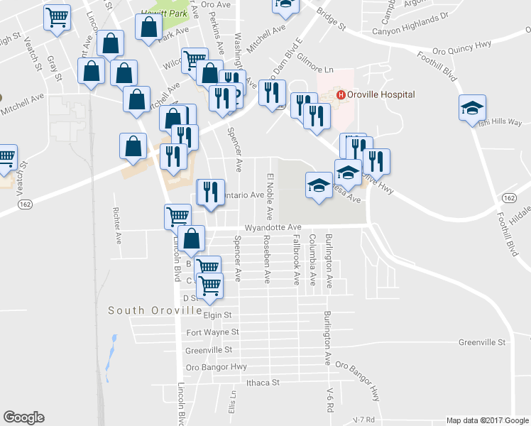 map of restaurants, bars, coffee shops, grocery stores, and more near 3014 El Noble Avenue in Oroville