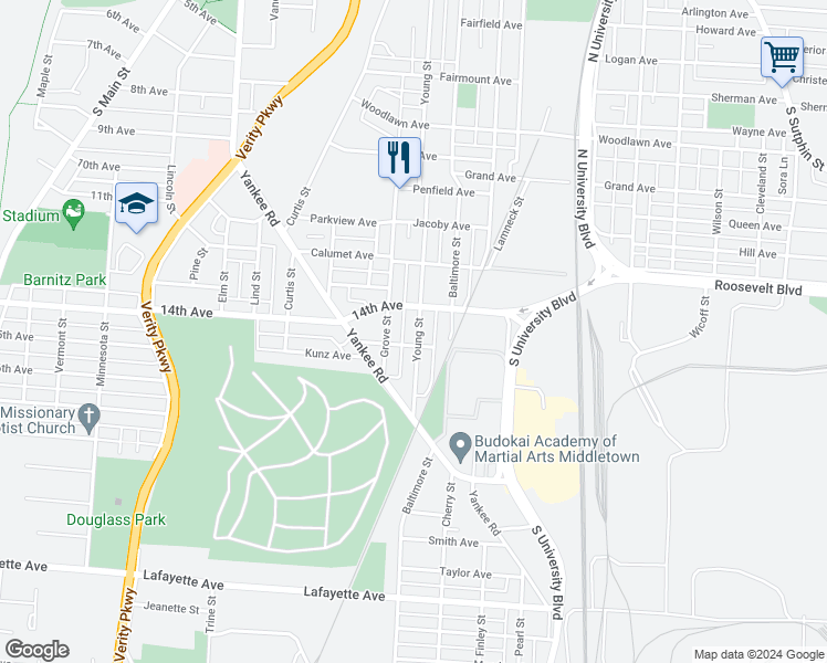 map of restaurants, bars, coffee shops, grocery stores, and more near 1314 Young Street in Middletown