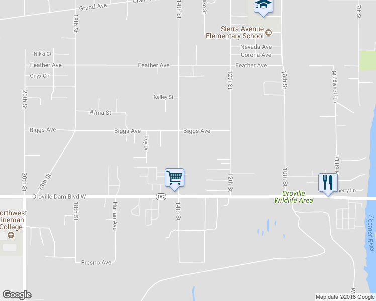 map of restaurants, bars, coffee shops, grocery stores, and more near 1134 14th Street in Oroville
