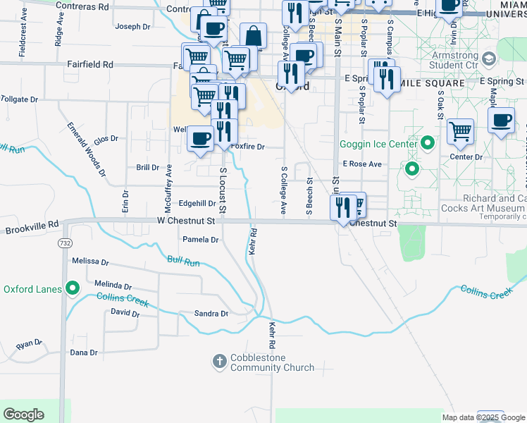 map of restaurants, bars, coffee shops, grocery stores, and more near 230 West Chestnut Street in Oxford