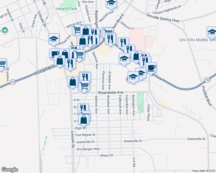 map of restaurants, bars, coffee shops, grocery stores, and more near 3014 El Noble Avenue in Oroville
