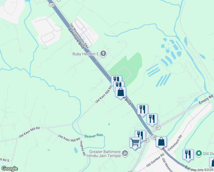 map of restaurants, bars, coffee shops, grocery stores, and more near 2772 Kays Mill Road in Finksburg