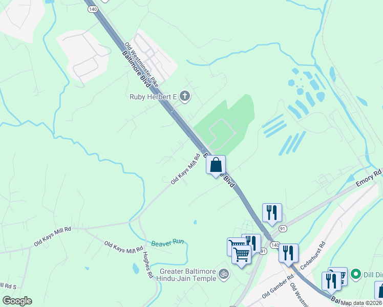 map of restaurants, bars, coffee shops, grocery stores, and more near 2772 Kays Mill Road in Finksburg
