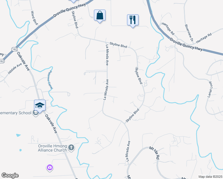 map of restaurants, bars, coffee shops, grocery stores, and more near La Mirada Avenue in Oroville East