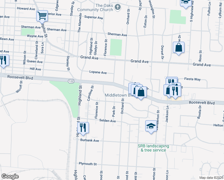 map of restaurants, bars, coffee shops, grocery stores, and more near 1300 Park Dr in Middletown