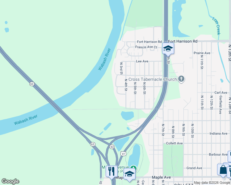 map of restaurants, bars, coffee shops, grocery stores, and more near 34 White Oak Lane in Terre Haute