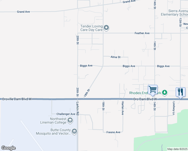 map of restaurants, bars, coffee shops, grocery stores, and more near 1129 18th Street in Oroville