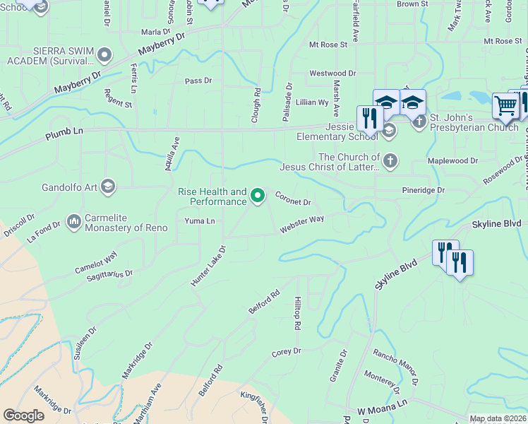map of restaurants, bars, coffee shops, grocery stores, and more near 2125 Barnes Boulevard in Reno