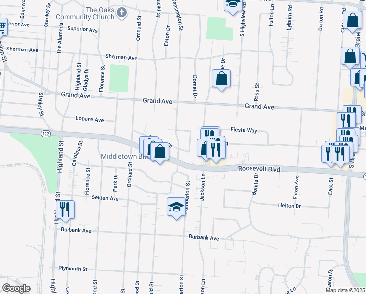 map of restaurants, bars, coffee shops, grocery stores, and more near 3303 Barbara Drive in Middletown