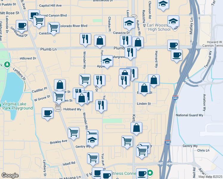 map of restaurants, bars, coffee shops, grocery stores, and more near in Reno