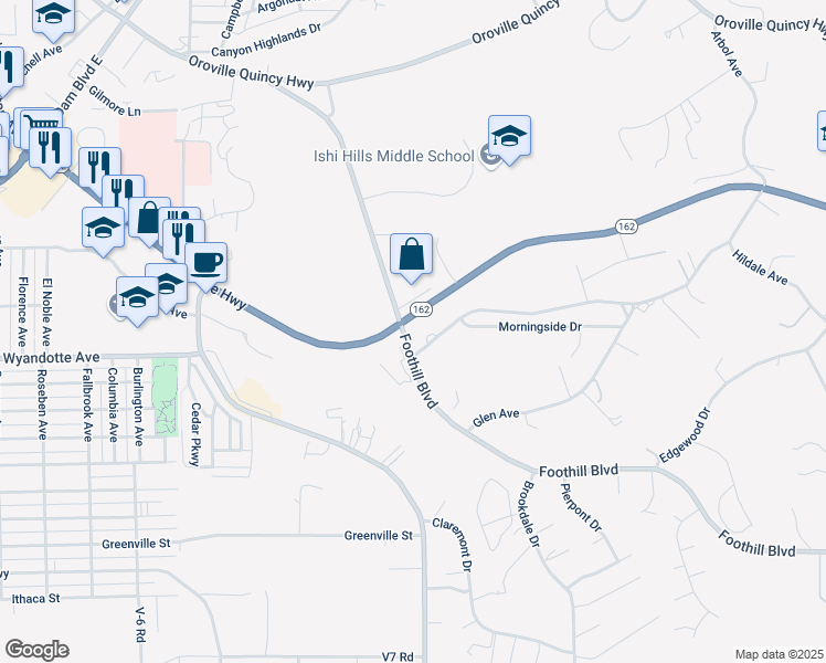 map of restaurants, bars, coffee shops, grocery stores, and more near Olive Highway in Oroville